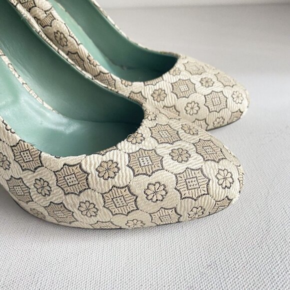 Paola Arcano Silver Nude Geometric Print Fabric Over Leather Block Heel Heels 41 - Picture 3 of 8
